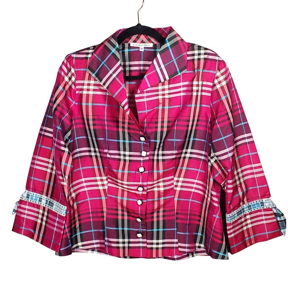 Marisa Baratelli 100% Thai Silk Plaid Jacket Pink Blue Bow Cuff Womens Size 14